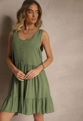 Zielona Rozkloszowana Sukienka z Bawełny Zdobiona Guzikami Iffanise. Zielone sukienki damskie Renee, na co dzień, l, z aplikacjami, z bawełny, eleganckie, bez kołnierzyka, bez ramiączek, mini, rozkloszowane. W wyprzedaży za 34.99 zł.