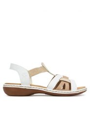 Rieker Sandały 65918-81 Biały. Białe sandały damskie Rieker, bez wzorów, z materiału, bez obcasa, na płaskiej podeszwie. Za 289.99 zł.