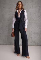 Granatowy Garniturowy Komplet Spodnie o Szerokim Kroju i Kamizelka z Paskiem Danynril. Niebieskie spodnie materiałowe damskie Renee, bez wzorów, eleganckie. Za 269.99 zł.