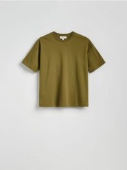 T-shirt oversize z merceryzowanej bawełny - oliwkowy. Zielone t-shirty damskie Reserved, l, bez wzorów, z bawełny, bez kołnierzyka. W wyprzedaży za 59.99 zł.