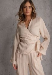 Beżowa Wiskozowa Bluzka z Kopertowym Dekoltem i Wiązaniem z Boku Velarila. Brązowe bluzki damskie Renee, l, bez wzorów, z materiału, bez kołnierzyka, bez ramiączek. Za 129.99 zł.