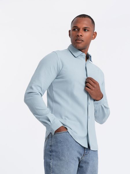 Męska dzianinowa koszula SLIM FIT z długim rękawem – błękitna V3 - Rozmiar: L. Niebieskie koszule męskie Ombre Clothing, l, bez wzorów, z bawełny, bez kołnierzyka, bez ramiączek. W wyprzedaży za 109.99 zł.