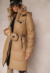 Beżowa Długa Kurtka z Paskiem Płaszcz z Okrągłą Saszetką w Komplecie Nabili. Brązowe kurtki damskie Renee, l, bez wzorów. Za 319.99 zł.