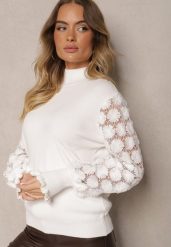 Biały Półgolf Sweter z Wiskozą Ściągaczem i Koronką Liasara. Białe swetry klasyczne damskie Renee, na zimę, z koronki, bez kołnierzyka. Za 84.99 zł.