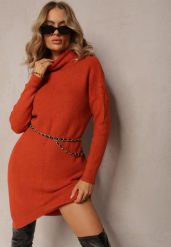 Czerwona Sukienka ze Sweterkowej Dzianiny z Golfem i Wycięciem na Dole Weronitte. Brązowe sukienki damskie Renee, na zimę, l, bez wzorów, z dzianiny, bez kołnierzyka, bez ramiączek, mini. W wyprzedaży za 55.99 zł.