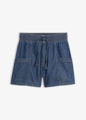Szorty jeansowe high waist, wygodny pas. Niebieskie szorty damskie bonprix, bez wzorów, z jeansu, z podwyższonym stanem. Za 37.99 zł.