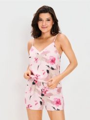 Piżama dwuczęściowa w żurawie i kwiaty - różowy. Czerwone piżamy damskie Sinsay, l, bez wzorów, bez ramiączek. Za 49.99 zł.
