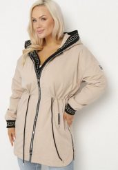 Beżowa Kurtka Parka z Kapturem Ściągana w Talii Troczkami Velamira. Brązowe kurtki damskie Born2be, xl, bez wzorów, z materiału, z kapturem. Za 89.99 zł.