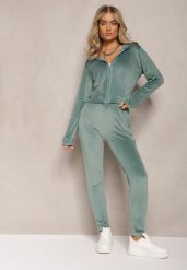 Zielony 2-Częściowy Komplet Dresowy z Weluru o Krótszym Fasonie z Cyrkoniami Bluza i Spodnie Arilif. Zielone bluzy bez kaptura damskie Renee, m, z dresówki. Za 69.99 zł.