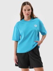 4F T-shirt oversize z nadrukiem damski - turkusowy S. Niebieskie t-shirty damskie 4f, s, bez wzorów, z bawełny, bez kołnierzyka. W wyprzedaży za 39.99 zł.