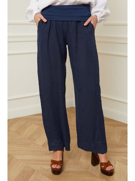 Fleur de Lin Lniane spodnie "Astrid" w kolorze granatowym rozmiar: S. Niebieskie spodnie materiałowe damskie Fleur de Lin, bez wzorów, ze lnu, z podwyższonym stanem. Za 139.20 zł.