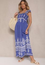 Niebieska Wiskozowa Sukienka Rozkloszowana w Ornamentalny Wzór Lisaretia. Niebieskie sukienki damskie Renee, na co dzień, l, z aplikacjami, z wiskozy, eleganckie, bez kołnierzyka, bez ramiączek, maxi, rozkloszowane. W wyprzedaży za 62.99 zł.