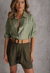 Zielone Szorty Casual z Wiskozą High Waist Ozdobione Paskiem z Plecionki Kailee. Zielone szorty damskie Renee, bez wzorów, z materiału, casualowe, z podwyższonym stanem. Za 99.99 zł.