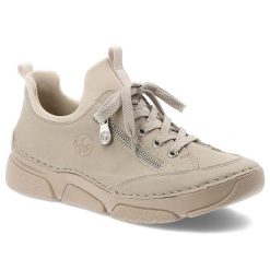 Beżowe Półbuty Rieker Stylowe Obuwie Damskie. Brązowe półbuty damskie Rieker, bez wzorów, z syntetyku, eleganckie, bez obcasa, na płaskiej podeszwie. Za 305.99 zł.