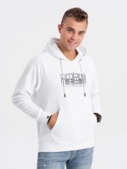 Męska bluza nierozpinana z kapturem i nadrukiem - biała V1. Białe bluzy z kapturem męskie Ombre Clothing, l, z bawełny. W wyprzedaży za 49.99 zł.