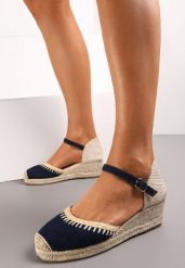 Granatowe Sandały na Koturnie z Plecionki z Juty Arminus. Niebieskie sandały damskie Renee, bez wzorów, bez obcasa, na koturnie. Za 59.99 zł.