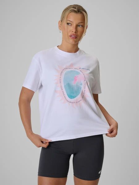 T-shirt loose z nadrukiem damski 4F 4FRSS26TTSHF4536. Białe t-shirty damskie 4f, m, bez wzorów, z bawełny, bez kołnierzyka. Za 45.99 zł.