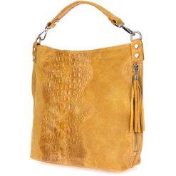 Musztardowa Torebka Skórzana Zamszowa Shopper W10. Szare shopper bag damskie Beltimore, z aplikacjami, z materiału, małe, zamszowe, bez dodatków. Za 219.99 zł.