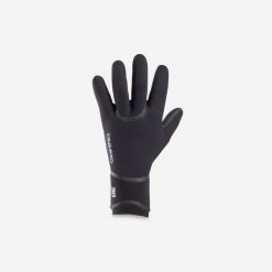 Rękawiczki surfingowe Olaian z neoprenu 3 mm. Czarne rękawiczki damskie Decathlon, na zimę, bez wzorów, z materiału. Za 129.99 zł.
