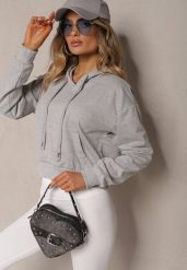 Jasnoszara Bluza z Kapturem i Bawełną Ozdobiona Ściągaczami Evianae. Szare bluzy z kapturem damskie Renee, l, z bawełny. Za 29.99 zł.