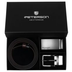 Zestaw prezentowy: dwustronny pasek skórzany w brązowym i czarnym kolorze Peterson PTN KL-B005S001. Brązowe paski męskie Peterson, bez wzorów, ze skóry, eleganckie. Za 139.99 zł.