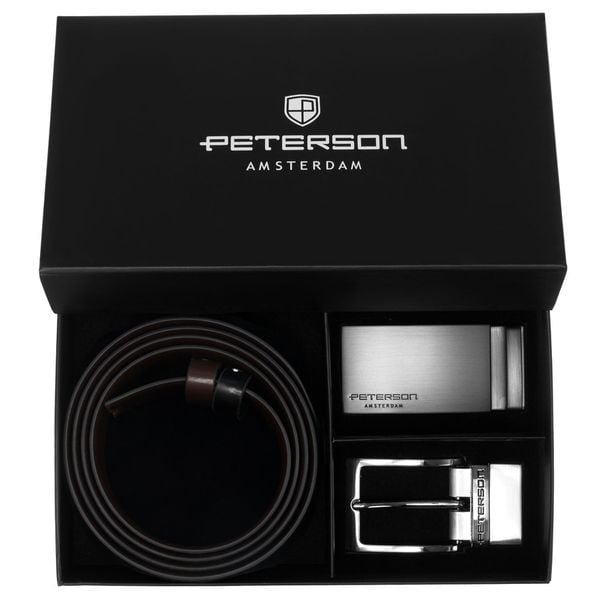 Zestaw prezentowy: dwustronny pasek skórzany w brązowym i czarnym kolorze Peterson PTN KL-B005S001. Brązowe paski męskie Peterson, bez wzorów, ze skóry, eleganckie. Za 119.99 zł.