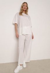 Biały Komplet Oversize z Cyrkoniami T-shirt i Spodnie Arnatea. Białe spodnie materiałowe damskie Born2be, z aplikacjami, klasyczne. Za 109.99 zł.