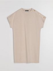 Dzianinowa sukienka mini z domieszką wiskozy - kremowy. Białe sukienki damskie Sinsay, l, bez wzorów, z dzianiny, bez kołnierzyka, bez ramiączek, mini. Za 39.99 zł.