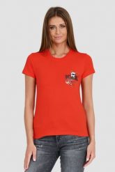 KARL LAGERFELD Czerwony t-shirt ikonik lny. Czerwone t-shirty damskie Karl Lagerfeld, xs, bez wzorów, bez kołnierzyka. W wyprzedaży za 279.99 zł.