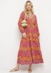 Czerwona Sukienka Rozkloszowana z Falbanką w Print Paisley Kapiss. Czerwone sukienki damskie Born2be, l, bez wzorów, eleganckie, bez kołnierzyka, bez ramiączek, maxi, rozkloszowane. W wyprzedaży za 87.99 zł.