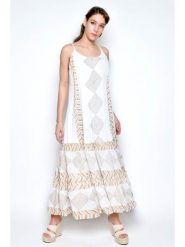 Tarifa Sukienka w kolorze biało-karmelowym rozmiar: S. Białe sukienki damskie Tarifa, s, bez wzorów, z wiskozy, bez kołnierzyka, bez ramiączek, maxi. Za 74.11 zł.