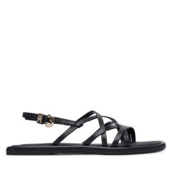 Sandały Tommy Hilfiger. Czarne sandały damskie Tommy Hilfiger, bez wzorów, bez obcasa, na płaskiej podeszwie. Za 449.99 zł.