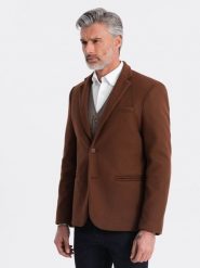 Marynarka męska casual z ozdobnymi guzikami na mankietach - czekoladowy brąz V1 - Rozmiar: XL. Brązowe marynarki męskie Ombre Clothing, bez wzorów. W wyprzedaży za 149.99 zł.