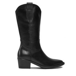 Kowbojki Tamaris. Czarne botki damskie Tamaris, bez obcasa, na słupku, bez zapięcia. Za 519.99 zł.