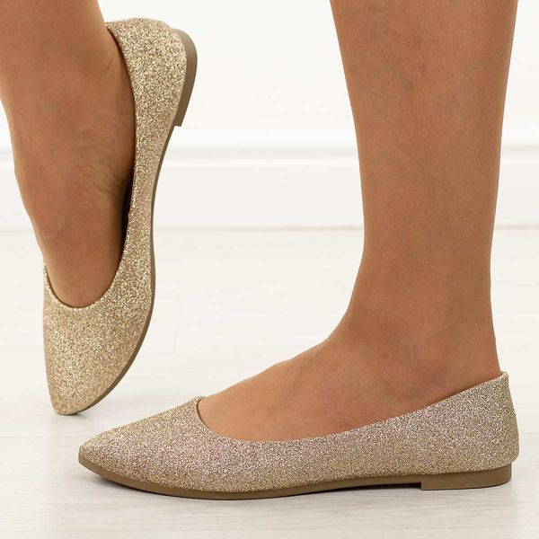 Złote brokatowe baleriny damskie Potocki 23314. Żółte baleriny damskie POTOCKI, bez wzorów, z jeansu, bez obcasa. Za 79.00 zł.