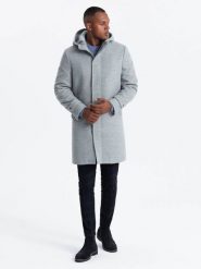 Monochromatyczny długi męski płaszcz z kapturem – szary melanż V1 - Rozmiar: XL. Szare płaszcze męskie Ombre Clothing, m, bez wzorów, z materiału, eleganckie. W wyprzedaży za 412.49 zł.