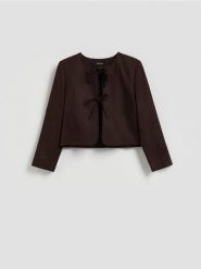 Marynarka z lnem i wiskozą - ciemnobrązowy. Brązowe marynarki i żakiety damskie Reserved, l, bez wzorów, z tkaniny. Za 159.99 zł.