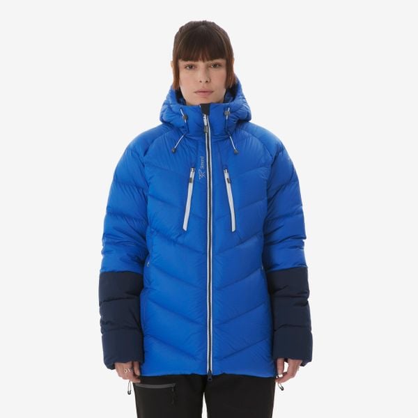 Ciepła kurtka puchowa alpinistyczna damska Makalu, niebieska. Niebieskie kurtki damskie SIMOND, l, bez wzorów, z materiału, z kapturem. Za 749.99 zł.