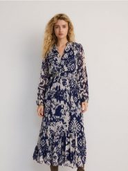 Wzorzysta sukienka midi - niebieski. Niebieskie sukienki damskie Reserved, l, bez wzorów, z tkaniny, bez kołnierzyka, bez ramiączek, midi. W wyprzedaży za 69.99 zł.