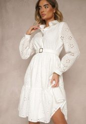 Biała Haftowana Sukienka z Bawełny Folisse. Białe sukienki damskie Renee, l, bez wzorów, z bawełny, eleganckie, bez kołnierzyka, bez ramiączek, midi. W wyprzedaży za 135.99 zł.