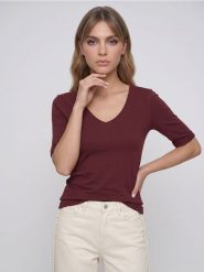 Bawełniana koszulka z dekoltem V - pomarańczowy. Brązowe t-shirty damskie Sinsay, l, bez wzorów, z bawełny, bez kołnierzyka. Za 15.99 zł.