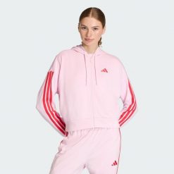 Bluza z kapturem Essentials 3-Stripes French Terry Full-Zip. Czerwone bluzy z kapturem damskie Adidas, z materiału. Za 259.00 zł.