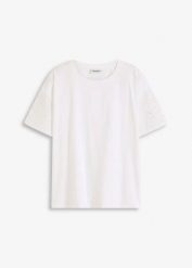 T-shirt z ażurowym haftem. Białe t-shirty damskie bonprix, w ażurowe wzory, bez kołnierzyka. Za 24.99 zł.