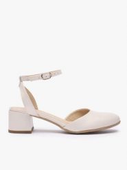 Kremowe ślubne czółenka ze skóry licowej. Brązowe czółenka damskie Ryłko, bez wzorów, ze skóry, z okrągłym noskiem, bez obcasa, na obcasie. Za 399.99 zł.