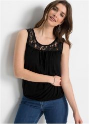 Top z mieszanki wiskozy. Czarne topy damskie bonprix, bez wzorów, z koronki, bez kołnierzyka. Za 52.99 zł.