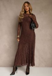 Brązowa Elegancka Sukienka z Koronki z Odkrytymi Plecami Lilafera. Brązowe sukienki damskie Renee, s, bez wzorów, z jeansu, eleganckie, bez kołnierzyka, bez ramiączek. Za 159.99 zł.