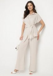 Beżowy Komplet Koszula z Asymetrycznym Wiązaniem i Szerokie Spodnie Filivara. Brązowe koszule damskie Born2be, bez wzorów, eleganckie. Za 159.99 zł.