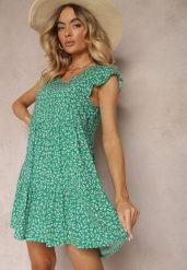 Zielona Rozkloszowana Sukienka z Bawełny Ozdobiona Falbanką Crisandra. Zielone sukienki damskie Renee, na co dzień, l, bez wzorów, z bawełny, eleganckie, bez kołnierzyka, bez ramiączek, mini, proste. W wyprzedaży za 38.49 zł.