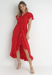 Czerwona Sukienka Mailcon. Czerwone sukienki damskie Born2be, na imprezę, na lato, bez wzorów, eleganckie, bez kołnierzyka, bez ramiączek, maxi, kopertowe. W wyprzedaży za 79.99 zł.