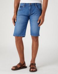 WRANGLER COLTON SHORTS MĘSKIE SZORTY SPODENKI BLUE VORTEX W16CXPZ35 112330744. Niebieskie szorty męskie Wrangler, bez kołnierzyka. Za 159.99 zł.